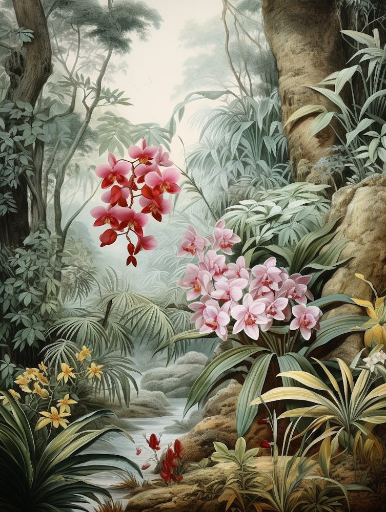 Vintage Jungle Botanical Illustration Orchids 1