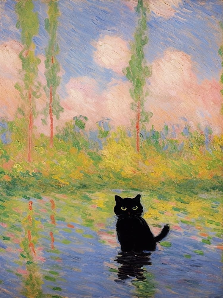 Black Cat And A Monet Inspired Landscape 1