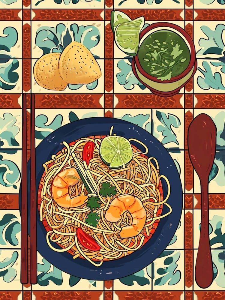 Seafood Pad Thai On A Tiled Background 2