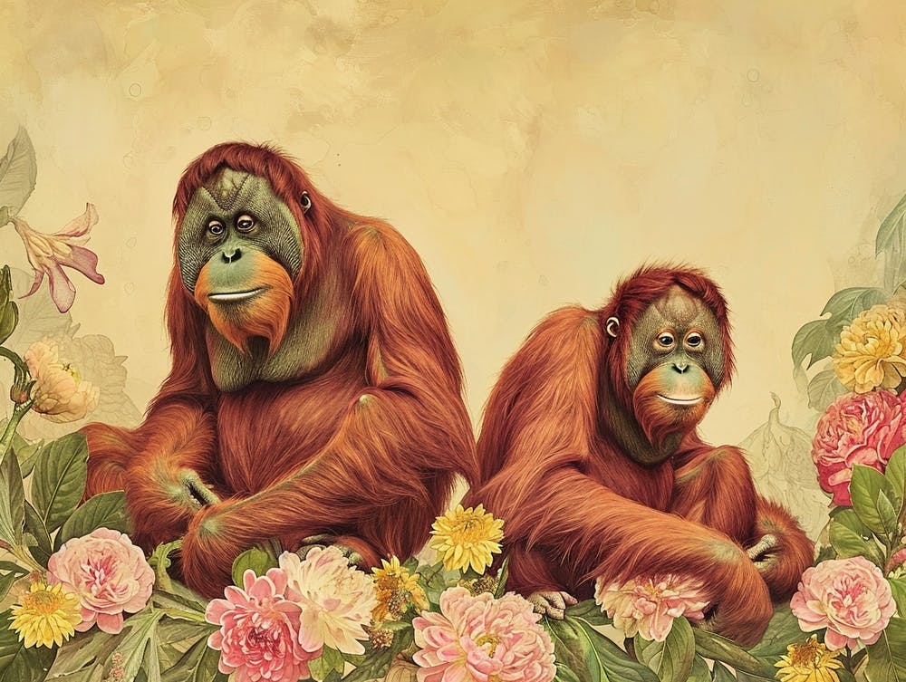 Floral Animal Illustration Orangutan 2