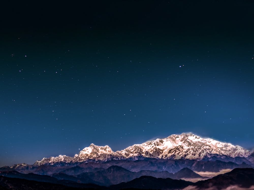 Snow Covered Mount Kanchenjunga Starry Night Sky
