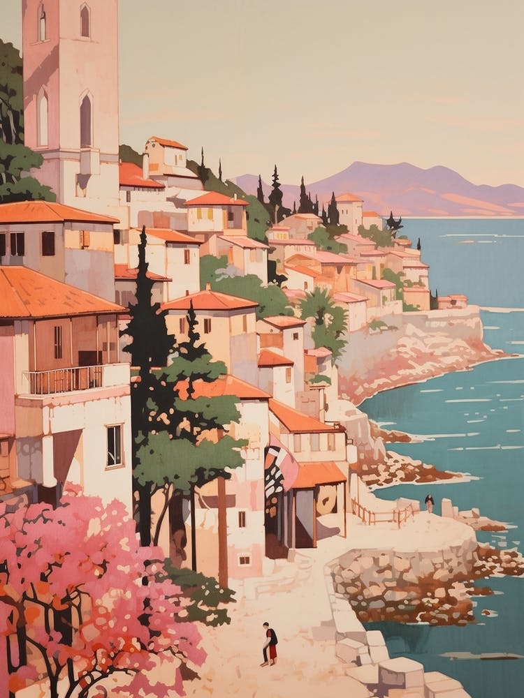 Budva Montenegro 2 Vintage Pink Travel Illustration
