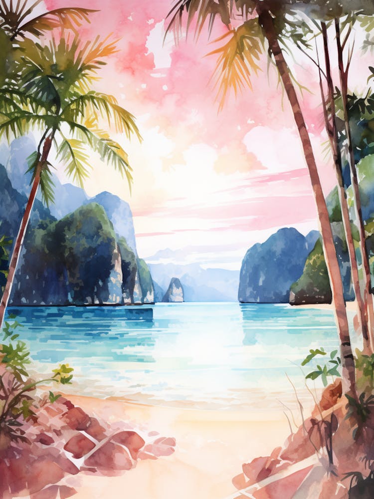 Watercolor Painting Of Maya Bay, Koh Phi Phi Thailand 4