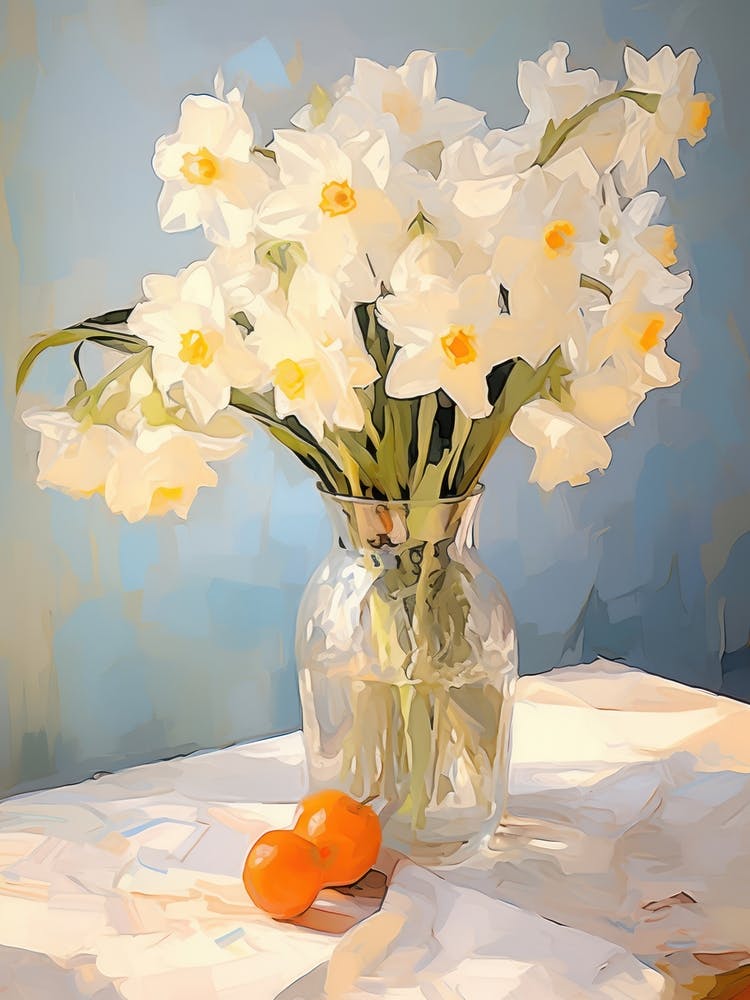 Daffodil Flower And Peaches Still Life Painting 4 Dreamy
