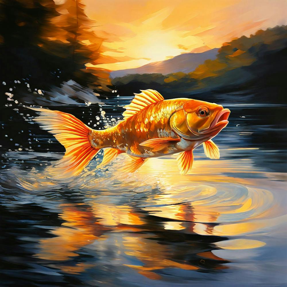 Golden Fish Sprinting Across The Surface Of A Tranquil Azure Lake Scales Shimmering Casting Undula 114107339