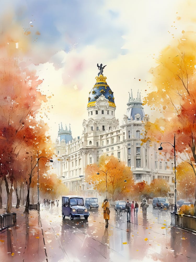 Madrid Spain In Autumn Fall, Watercolour 3