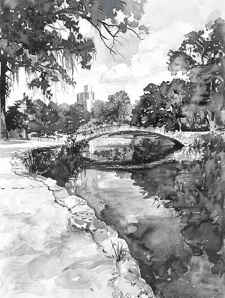 Zilker Metropolitan Park Austin Texas Schwarz-Weiß Aquarell 1