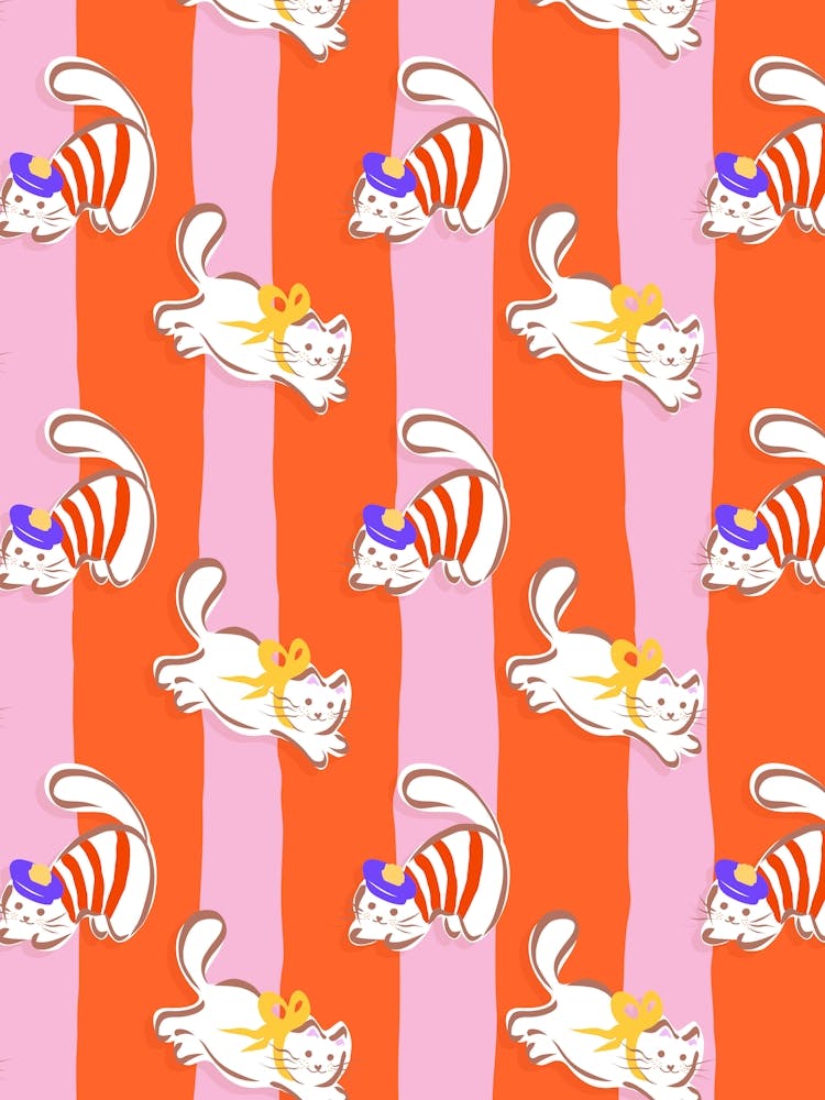 Playful Chasing Cats Doodles on Stripes - Bold Pastel Pink Orange