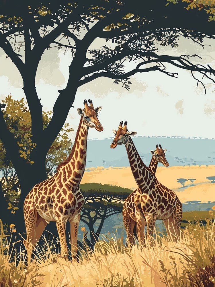 Herd Of Giraffes Resting Under The Tree Modern Illiustration 6