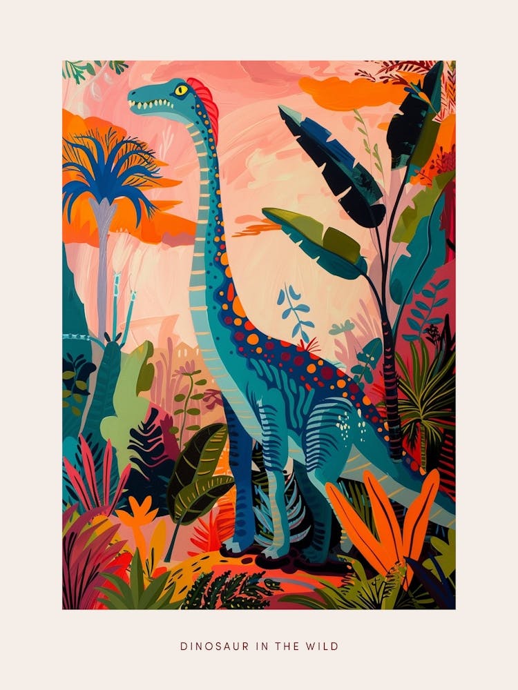 Colourful Dinosaur In The Leaves Painting 1 Poster