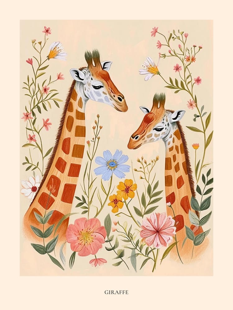 Folksy Floral Animal Drawing Giraffe Poster