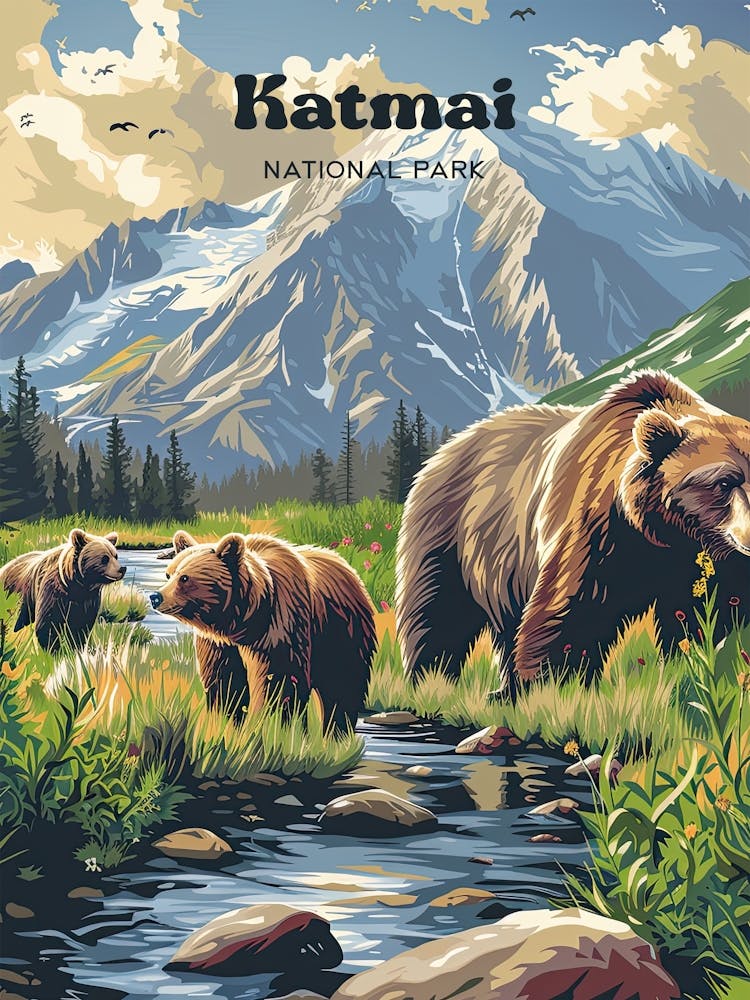Katmai National Park Retro Digital Travel Art