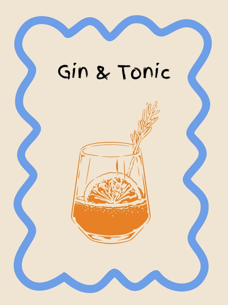 Gin & Tonic Doodle Poster Blue & Ornage