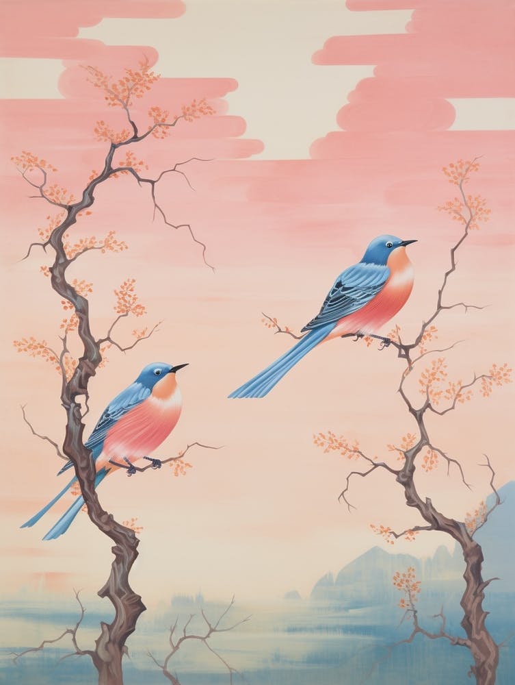 Estampe d'oiseau d'inspiration japonaise vintage Merlebleu de l'Est 1
