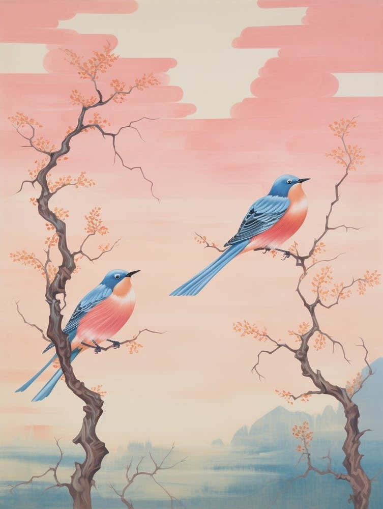 Vintage Japanese Inspired Bird Print Eastern Bluebird 1