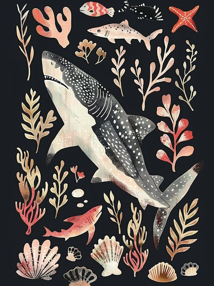 Whale Shark Seascape Black Background Illustration 4