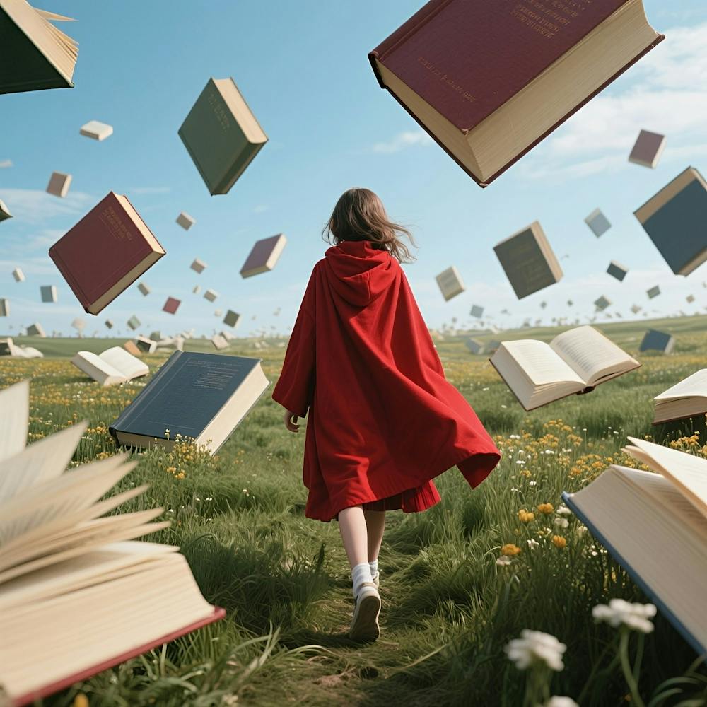 Girl Walking Through A Field Of Books 1