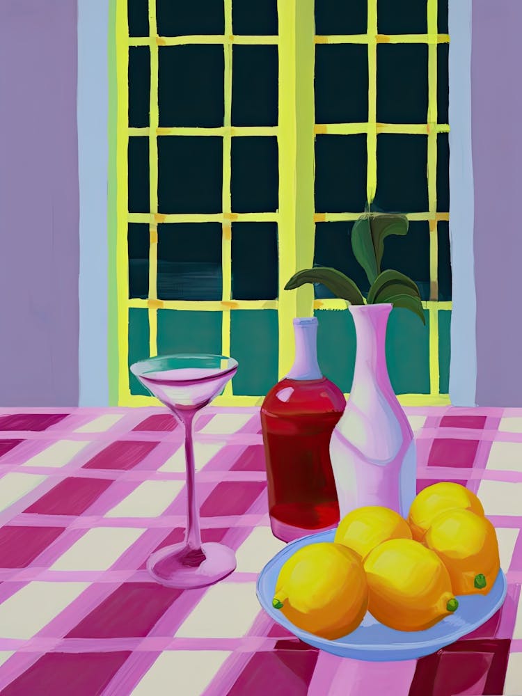 Lemons On Checkered Table, Magenta Tones, Frenchch Riviera In Matisse Style 1