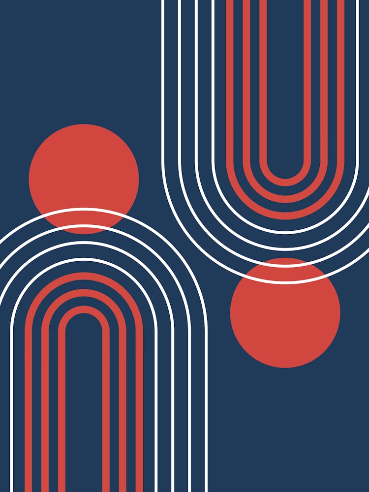 Mid Century Modern Geometric B36 In Navy Blue And Clear Red (Rainbow And Sun Abstract) 01