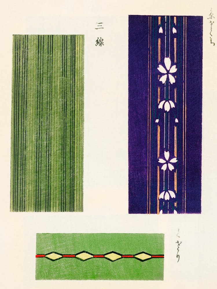Vintage Ukiyo-e Woodblock Print Of Japanese Textile, Shima Shima, Furuya Korin (160) 1