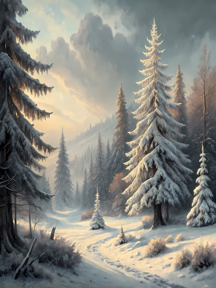Snowy Winter Forest oil Painting Serene Evergreen Landscape with Footprints