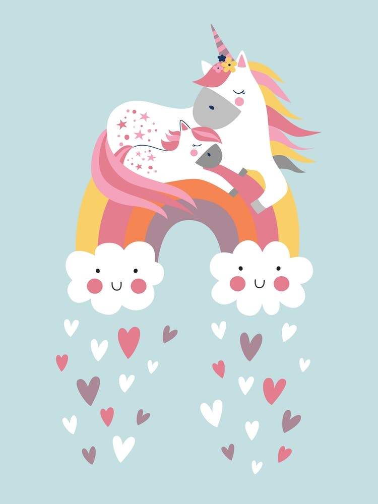 Unicorn And Rainbow In Blue kids art print