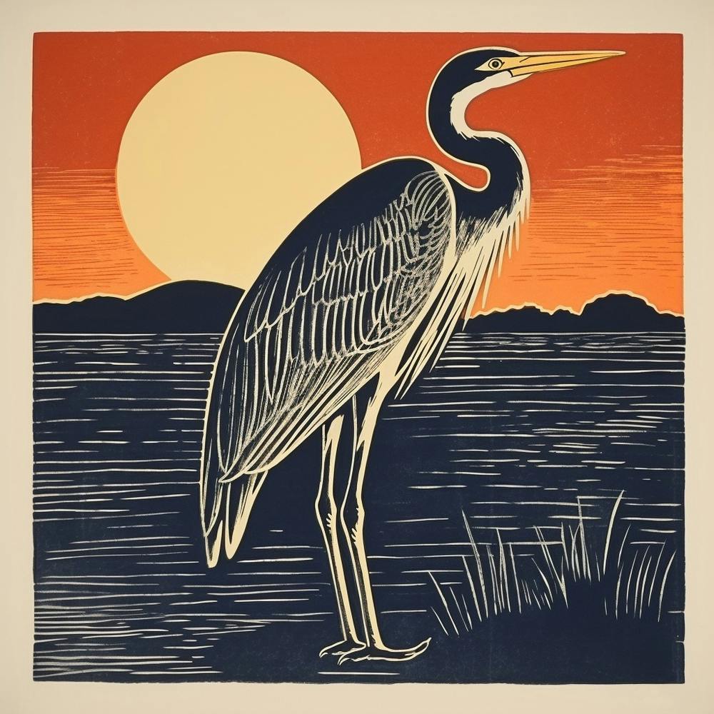Retro Bird Lithograph Great Blue Heron 7