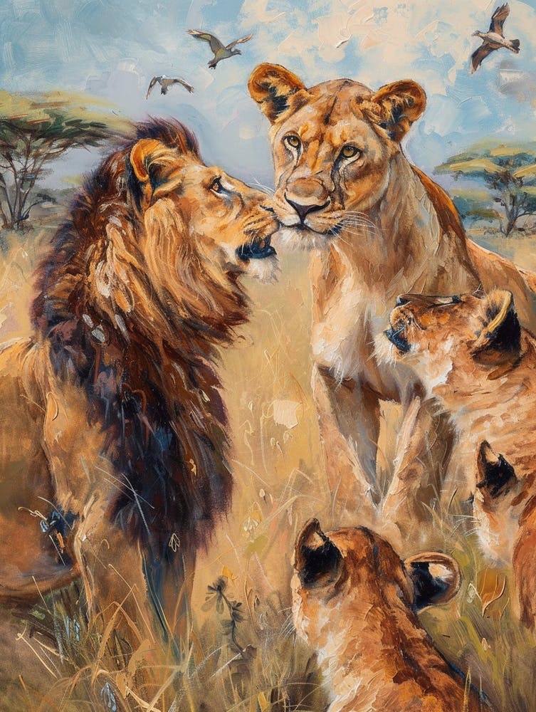 African Lion Interaction With Other Wildlife Acrylic Painting 2
