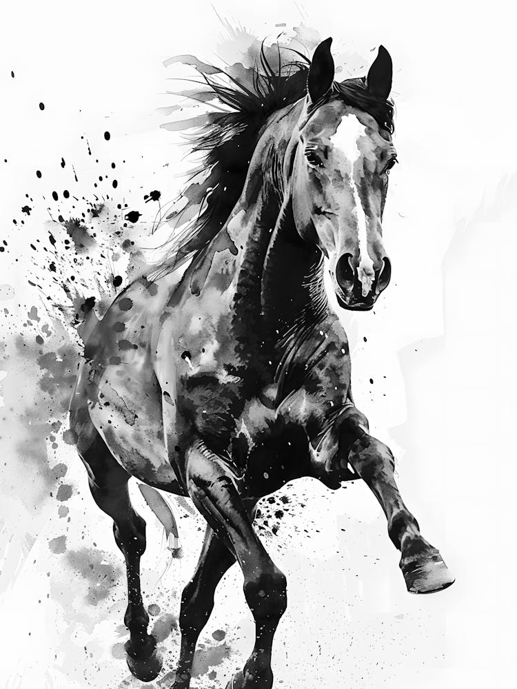 Horse Running In Black And White