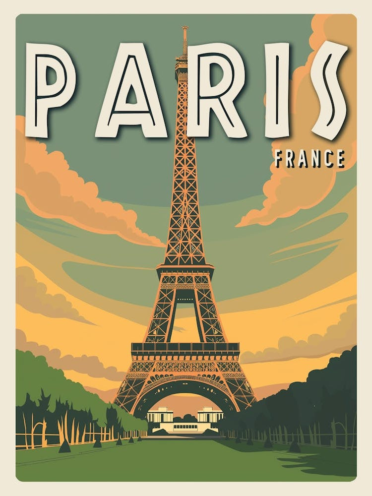 Paris France Eiffel Tower Vintage Travel Poster
