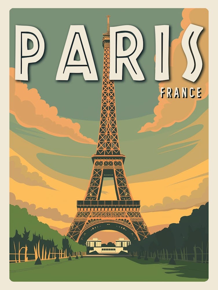 Paris France Eiffel Tower Vintage Travel Poster