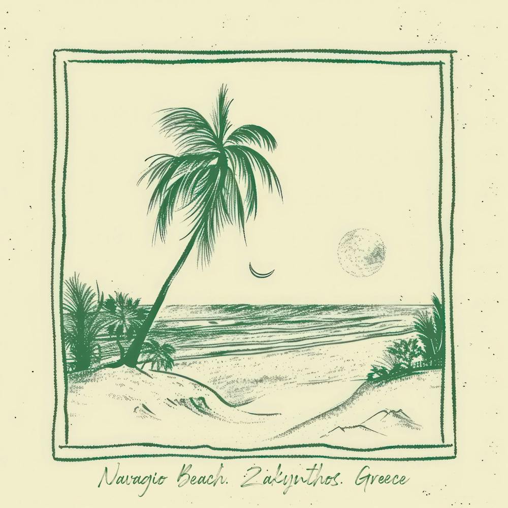 Navagio Beach, Zakynthos, Greece Green Line Art Illustration