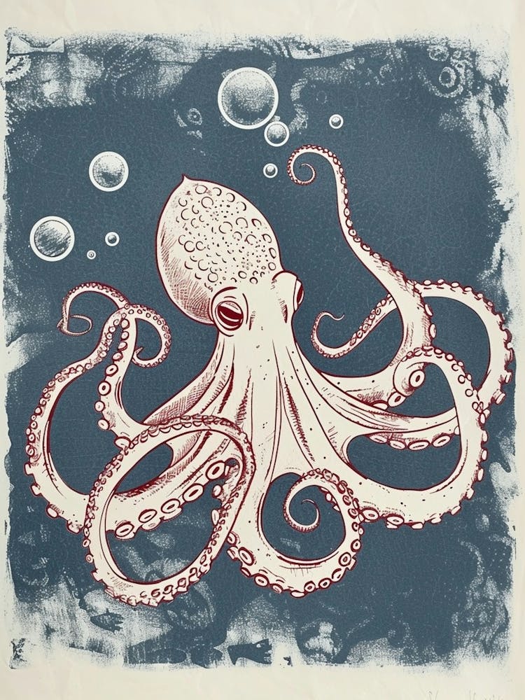 Octopus Making Bubbles Linocut Inspired 3