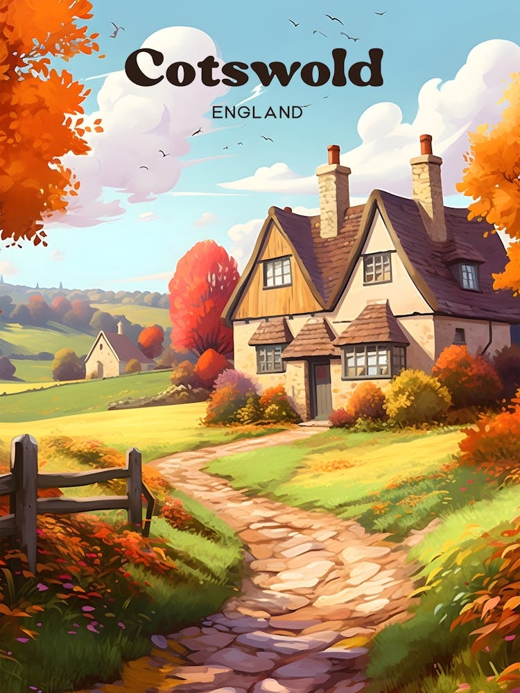 Cotswold England Cottage Hiking Trail Travel Art Illustration