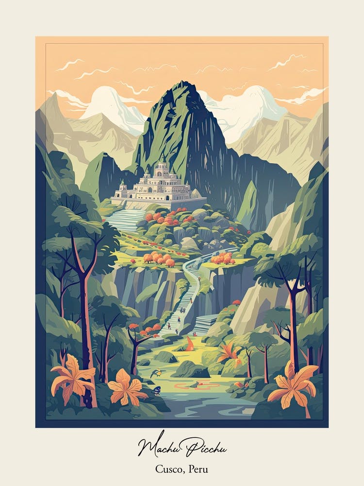 Machu Picchu   Cusco, Peru   Cute Botanical Illustration Travel 1 Poster