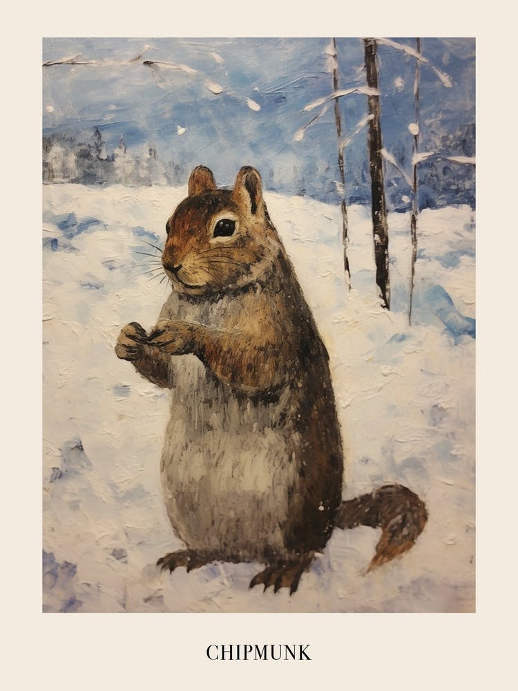 Vintage Winter Animal Painting Poster Chipmunk 2