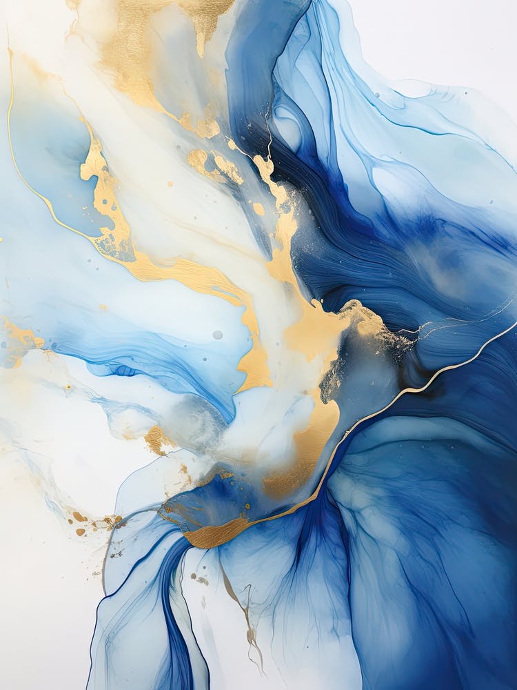 Blue, White, Gold Flow Asbtract Painting 1