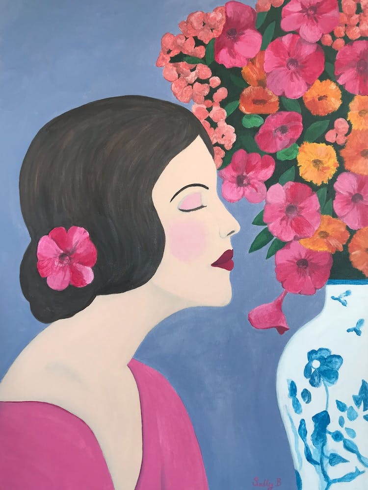 Woman With Chinoiserie Vase And Flowers