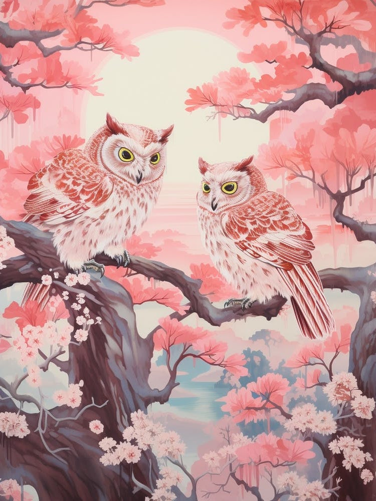 Vintage Japanese Inspired Bird Print Eastern Screech Owl 4