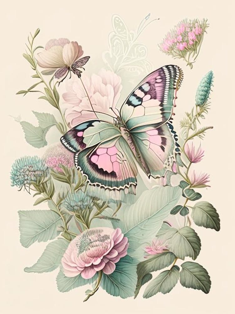 Butterfly In Garden Vintage Pastel 1