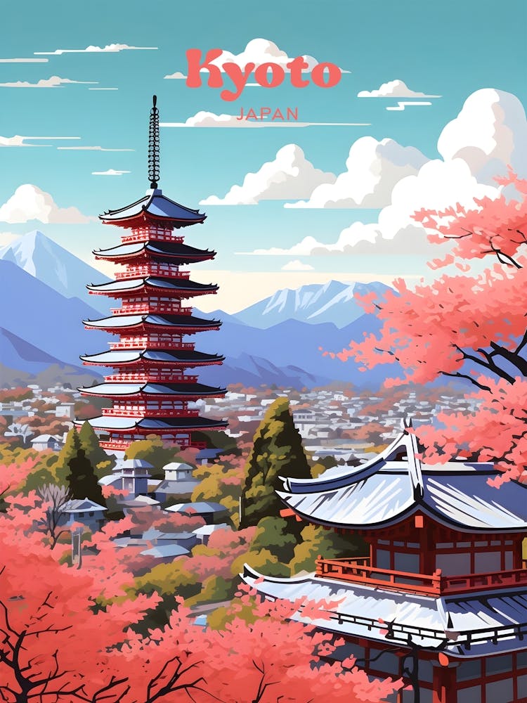 Kyoto Japan im Frühling Reisekunst Illustration