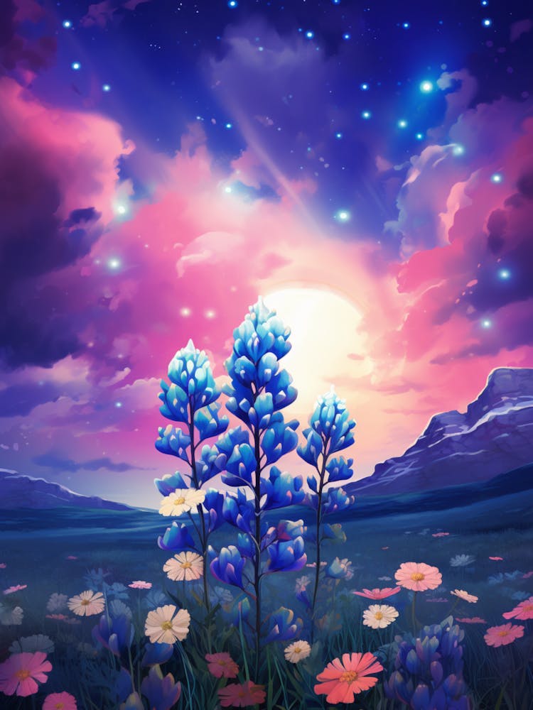 Blue Bonnet Wild Flower With Nothern Lights (1)