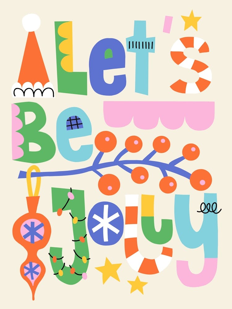 Let's Be Jolly Christmas Colorful Folk Art Flowers Illustration