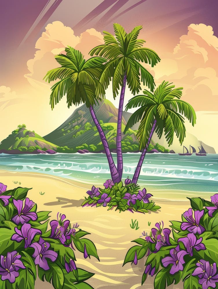 Tropical Landscape With Palm Trees And Flowers