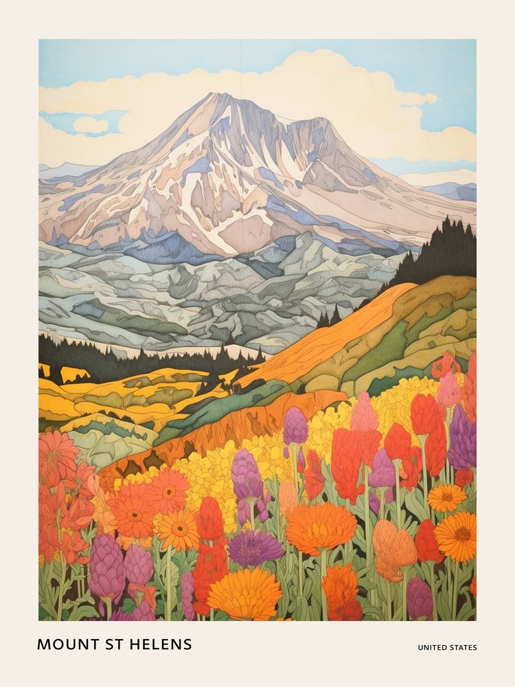 Mount St Helens United States 5 Colourful Mountain Illustration Poster