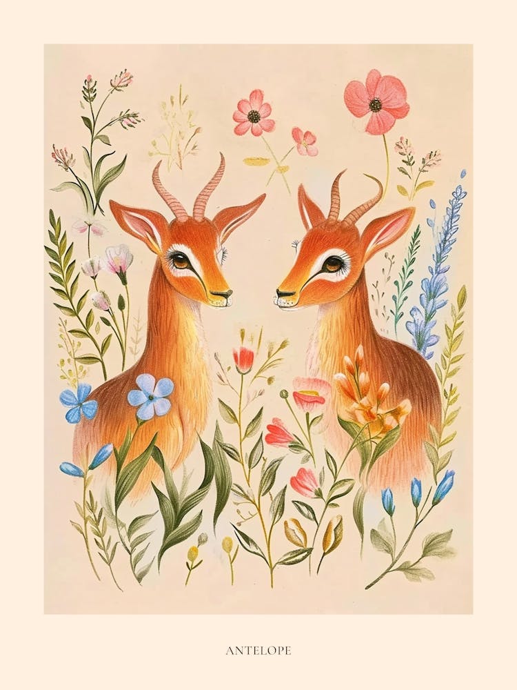 Folksy Floral Animal Drawing Antelope Poster