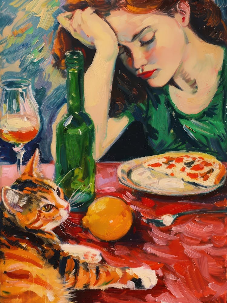 Portrait Of A Woman With Cats Eating Pizza 2