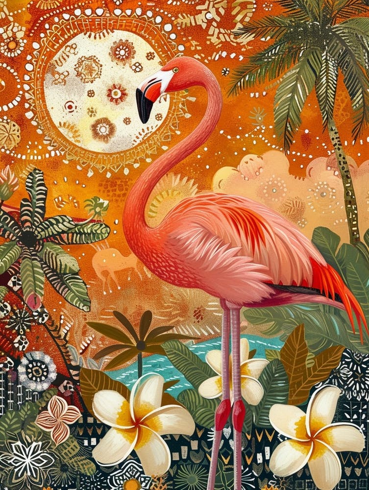 Greater Flamingo And Plumeria Boho Print 1