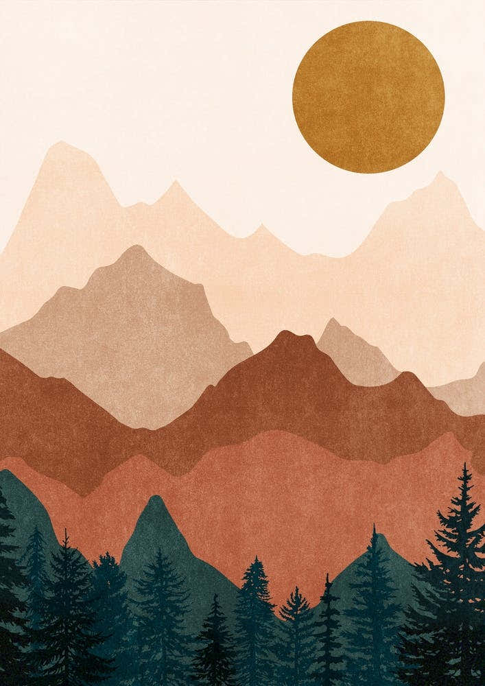 Minimalist Sunset Mountain Peaks with Sun - Set of 2 (Part 2)