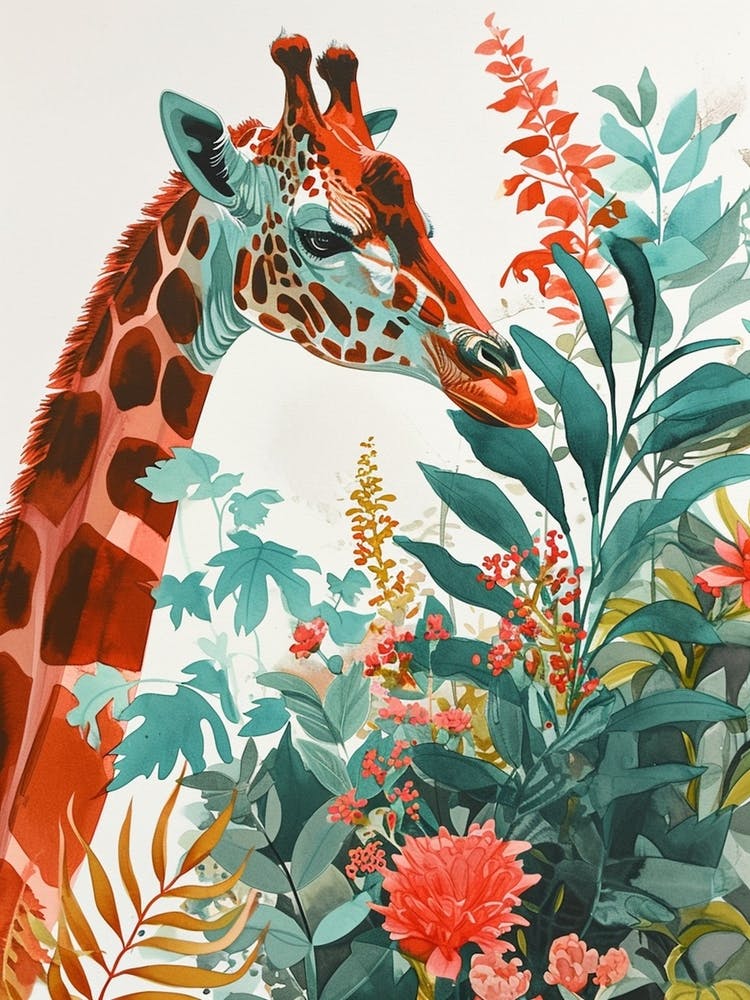 Watercolour Giraffe Head In The Leaves 6